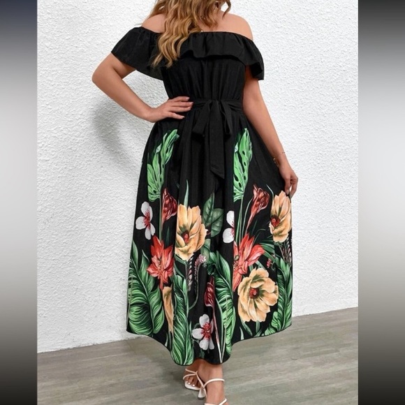 Dresses & Skirts - Plus size floral print off shoulder belted ruffle trim maxi dress